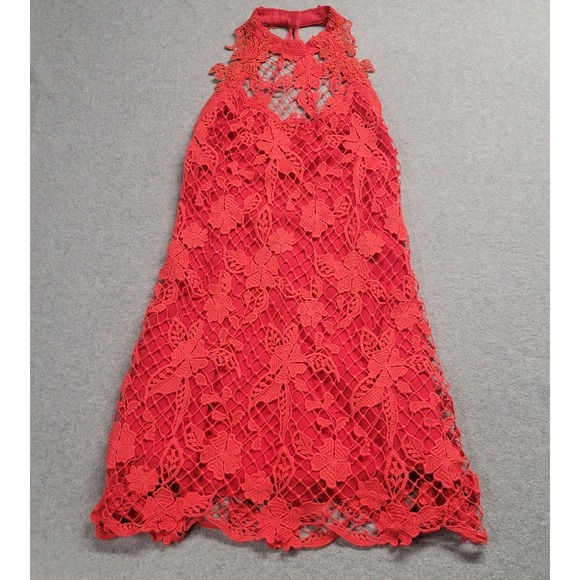 Free People Dresses & Skirts - Free People Coral Orange Crochet Lace Overlay Halter Dress XS Lined Open Back